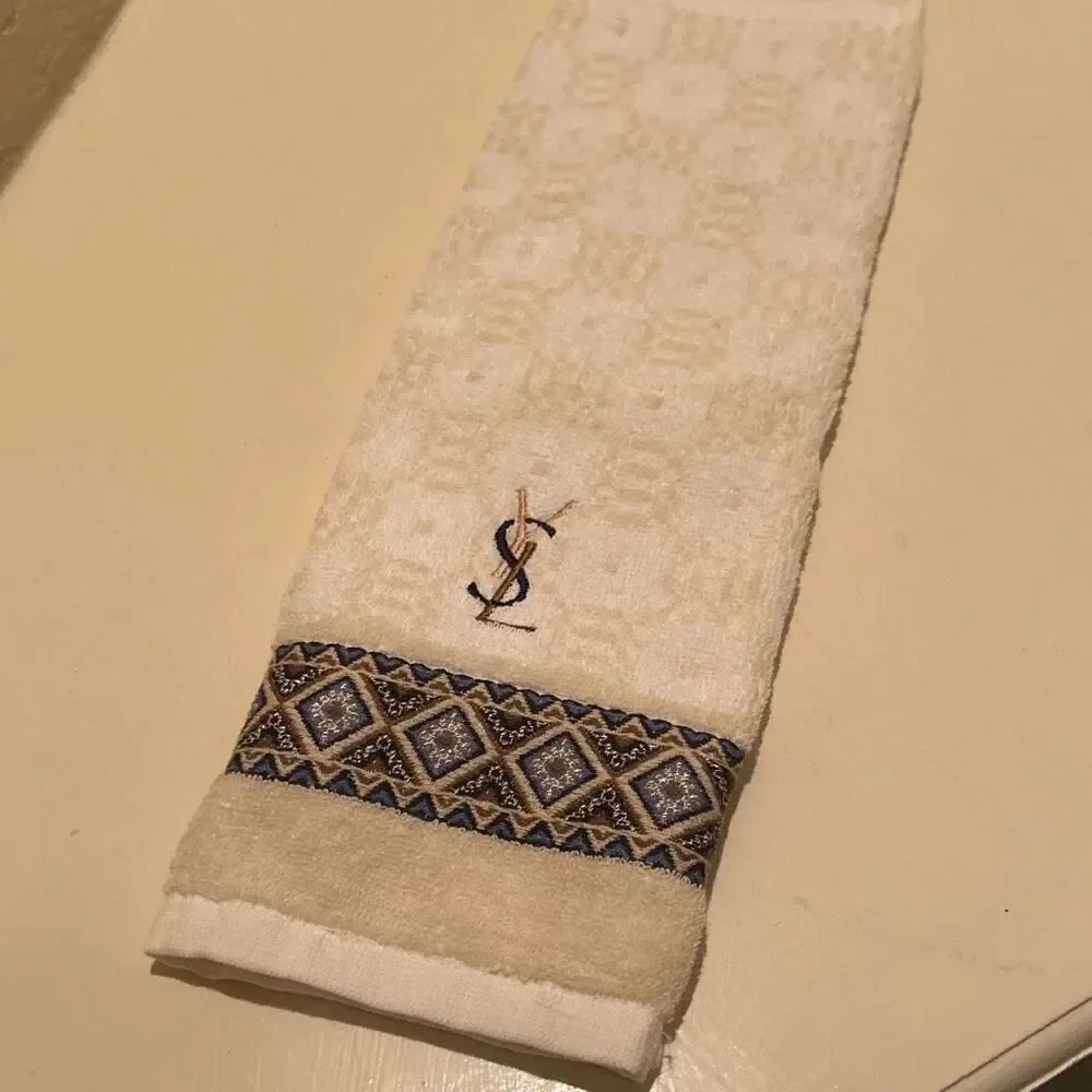 Yves Saint Laurent 14x14 Decorative Hand Towel Beige Blue Pattern Block NEW